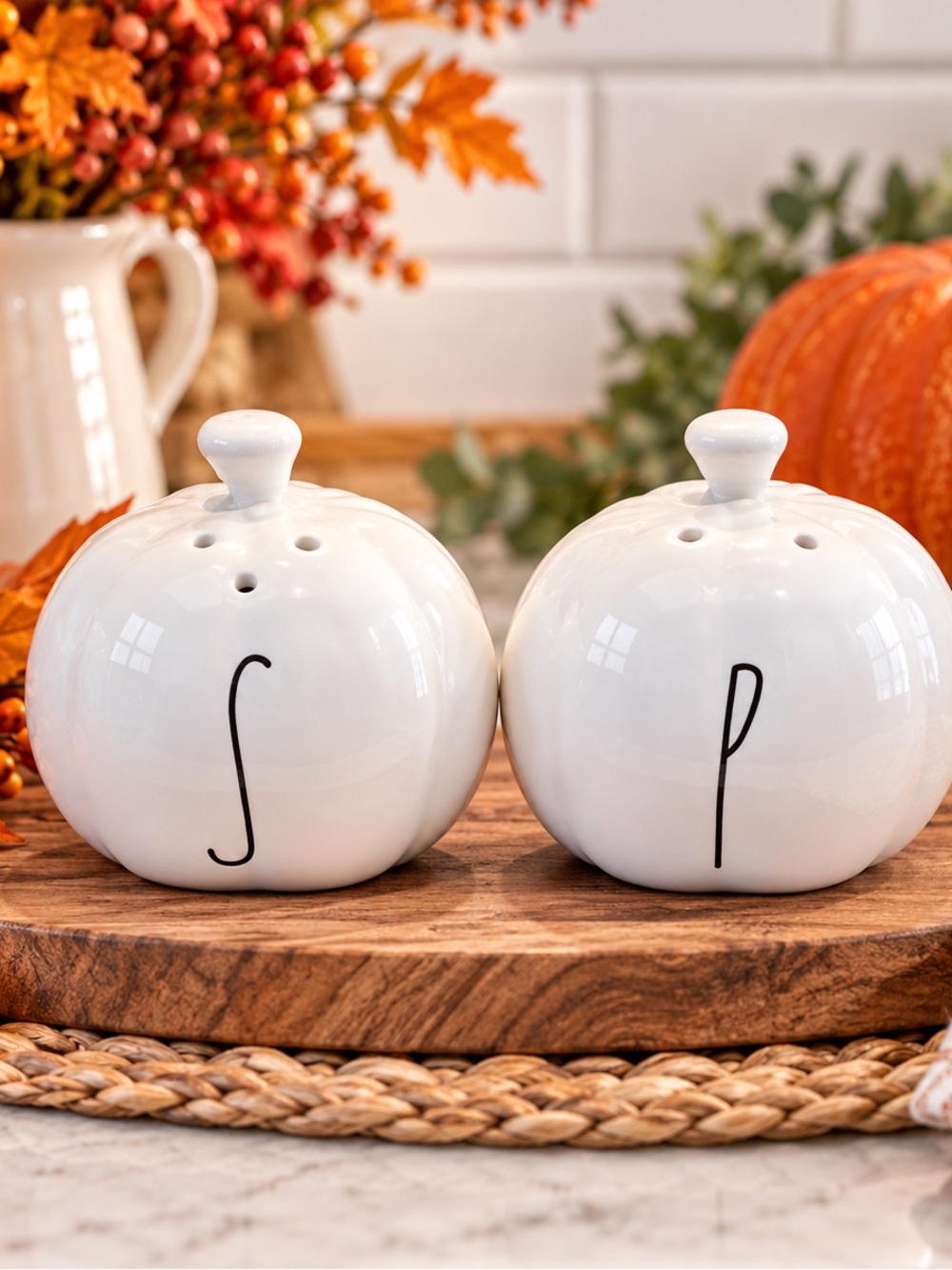 NWT Rae Dunn Charming White Ceramic Pumpkin Shaped Salt and Pepper Shakers